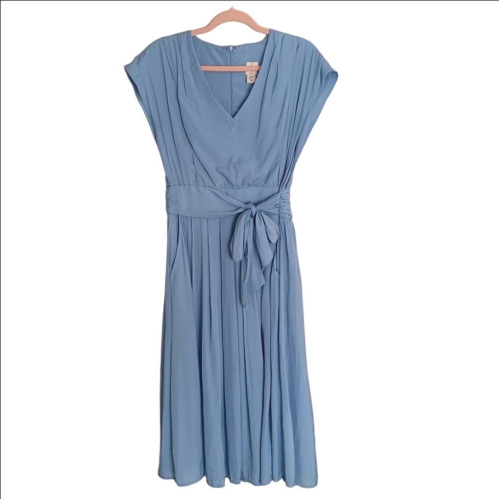 Joie Cornflower Blue V-neck Attatched Sash Tie Waist Cap Sleeve Midi Dress 10
